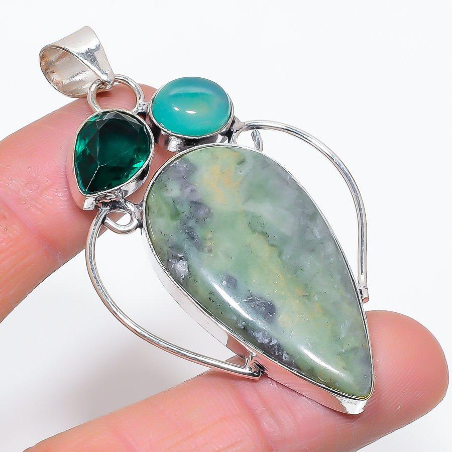 Подвеска из серебра 925 пробы с натуральным нефритом и диопсидом 2,72 дюйма V9P46