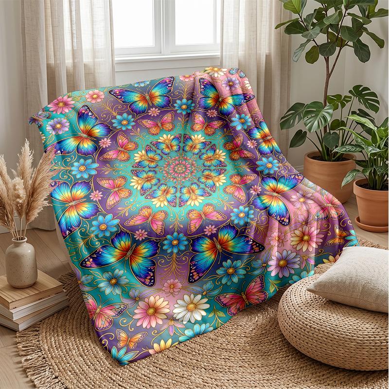 Vibrant Butterflies and Tulips Theme blanket Lightweight Warm Flannel Blanket Decorative Throw Blanket for Home Decoration