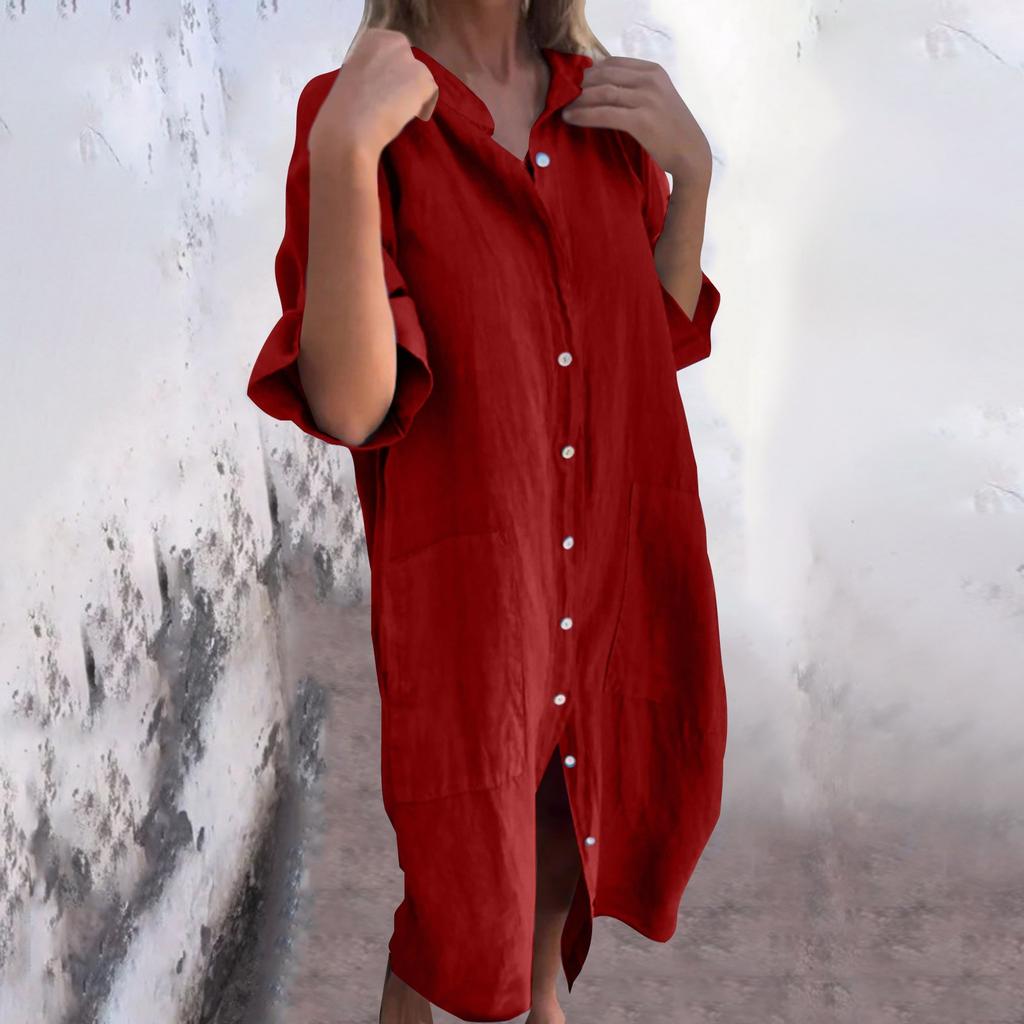 Women's Fashion Casual Button Cardigan Cotton And Linen Color Dress With Pockets