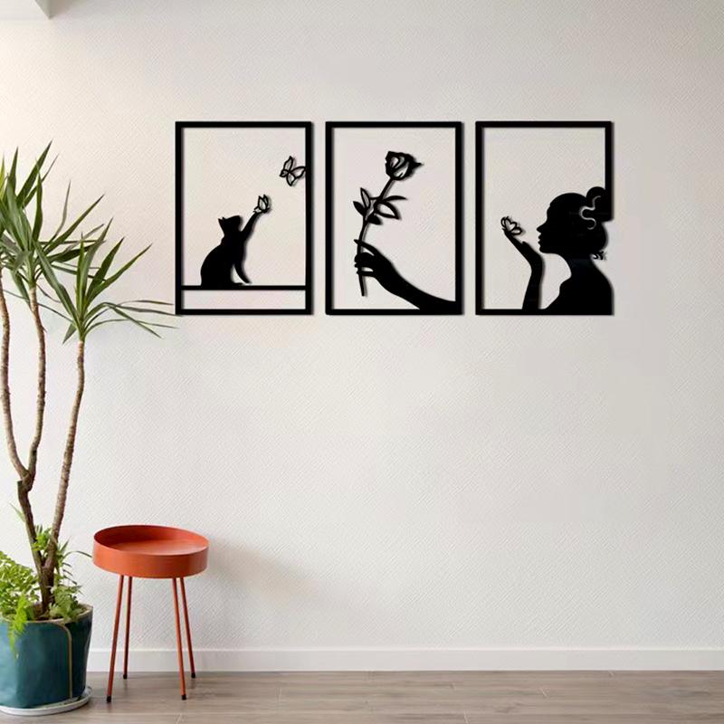 3 шт. 3D Новые наклейки на стену для зеркала с изображением кошки и девочки, самоклеящиеся акриловые наклейки с изображением бабочек и цветов