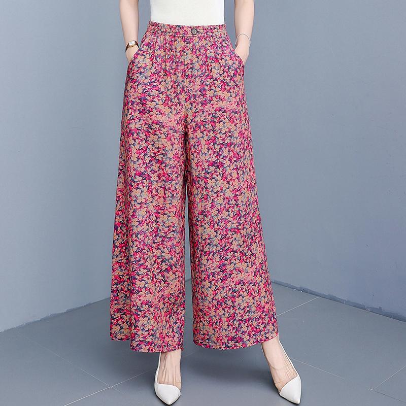 Элегантные летние брюки с высокой талией для женщин, повседневные широкие брюки с эластичной талией, винтажная одежда больших размеров