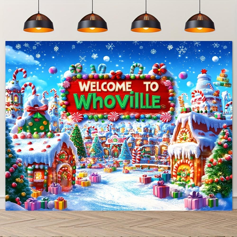 2D flat banner 1 person Whoville Christmas background - a winter scene of snowfall during the holiday gingerbread house