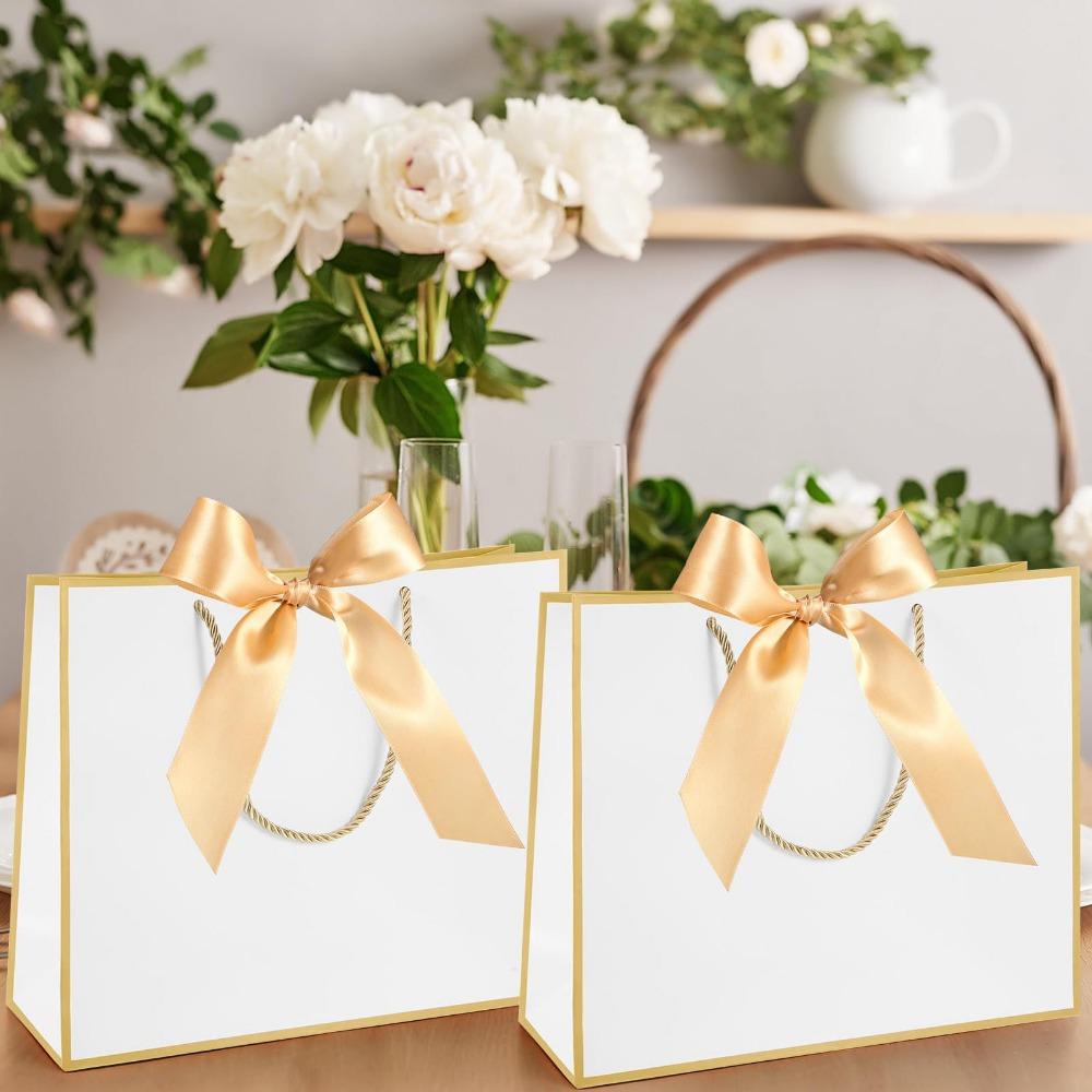 10pcs Elegant Gift Bags with Golden Bow Ribbon and Handles Gift Bags Gift Packing Bag for Wedding Birthday Housewarming Gifts White with Golden Border