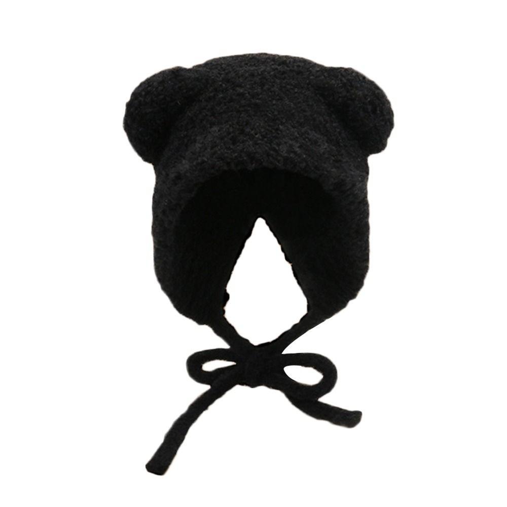 Lace-up Ear Protection Hat Warm Plush Beanie Cap Cute Bear Ears Knit Hat Cold Weather