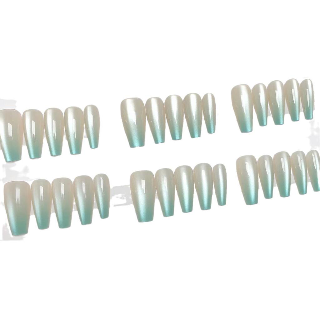 Градиентный лазурный кошачий глаз средней длины, носимые ногти-лесенки - стильные наклейки для нейл-арта