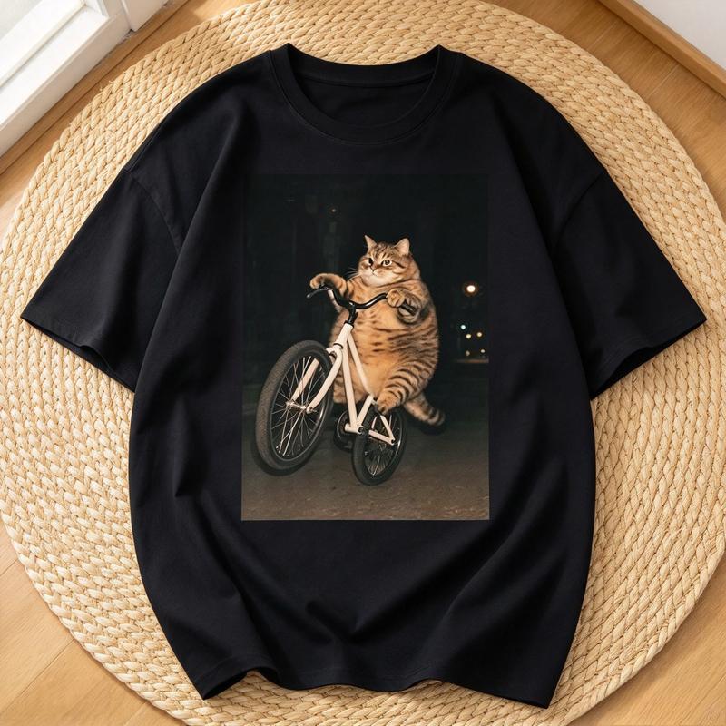 Funny Fat Tabby Cat Riding Bicycle T Shirt Retro Animal Graphic Tee Casual Cotton Short Sleeve Gift For Cat Lover Pet Fans Tops