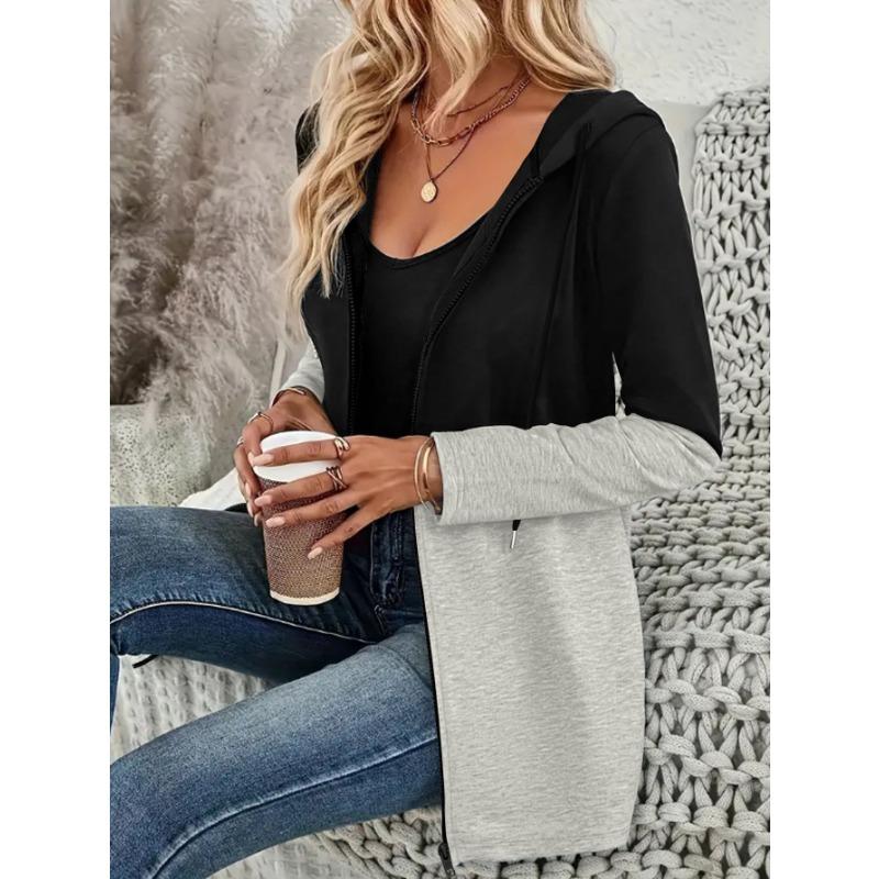 Women S Plus Size Casual Color Block Hooded Zip Up Sweatshirt Coat