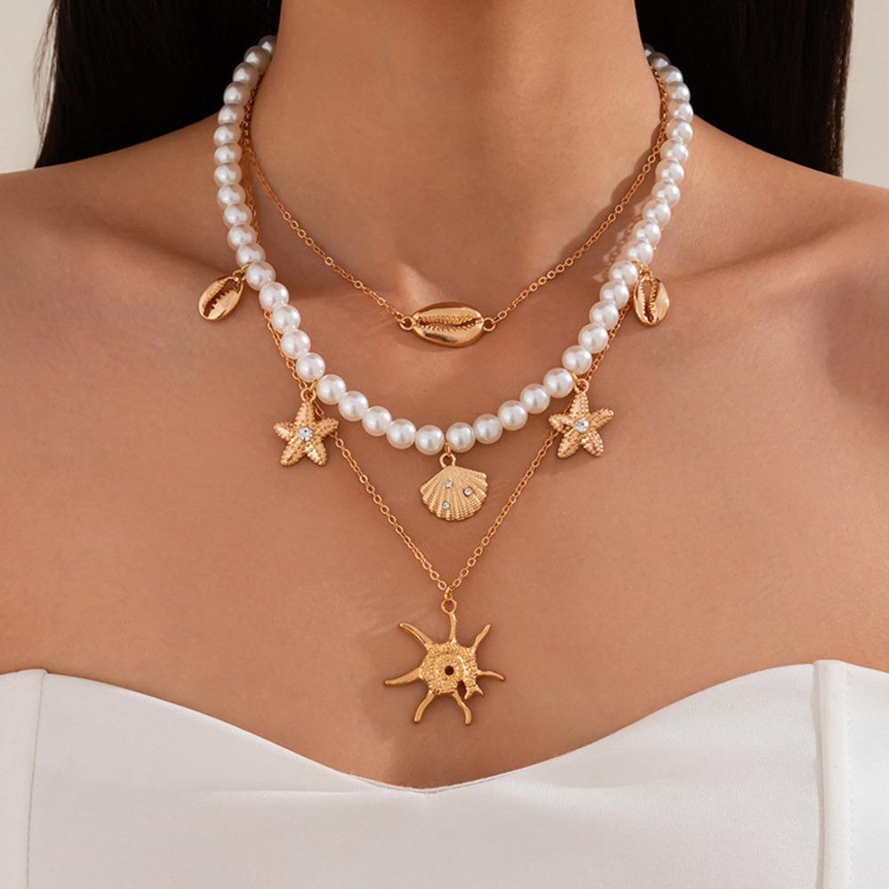 Alloy Beads Multi-layer Necklace Holiday Travel Jewelry Gift Layered Choker Chain Beach Style Starfish Pendant Necklace