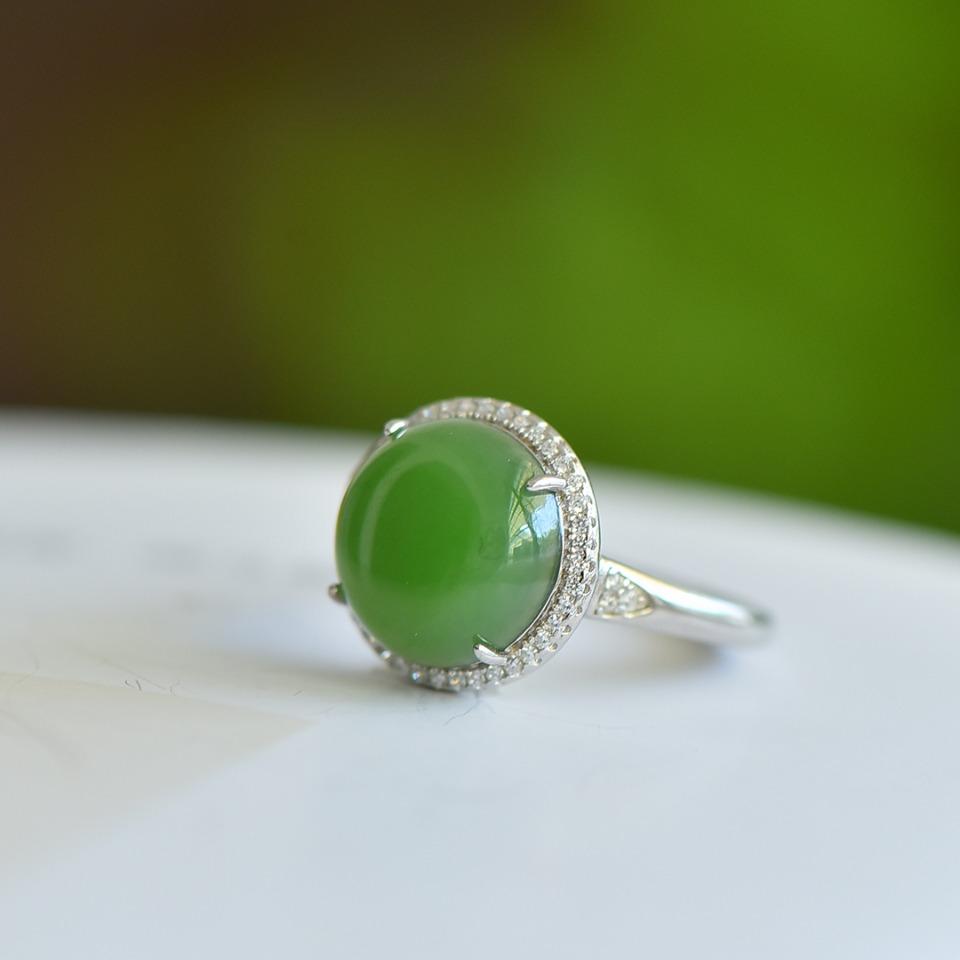 Natural Hotan Jade S925 silver inlaid jasper egg surface open mouth ring for women with certificate of national inspection