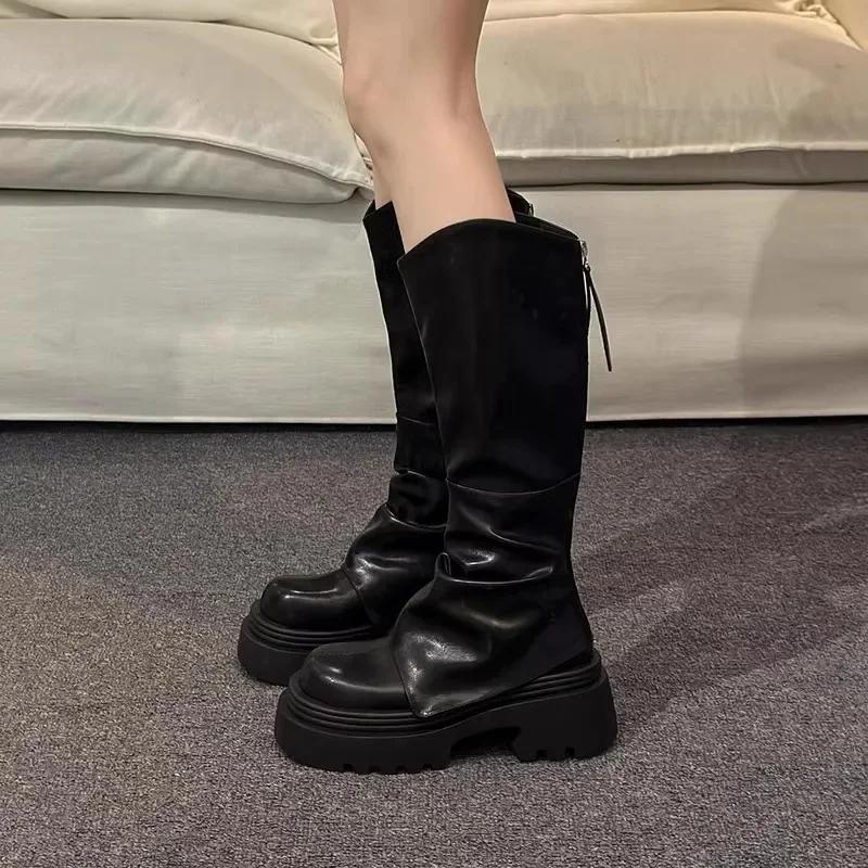 Женские ботинки с толстой подошвой и высоким голенищем, осенне-зимние, коричневые, ботинки-штаны, маленький размер, ботинки в рыцарском стиле, простой стиль