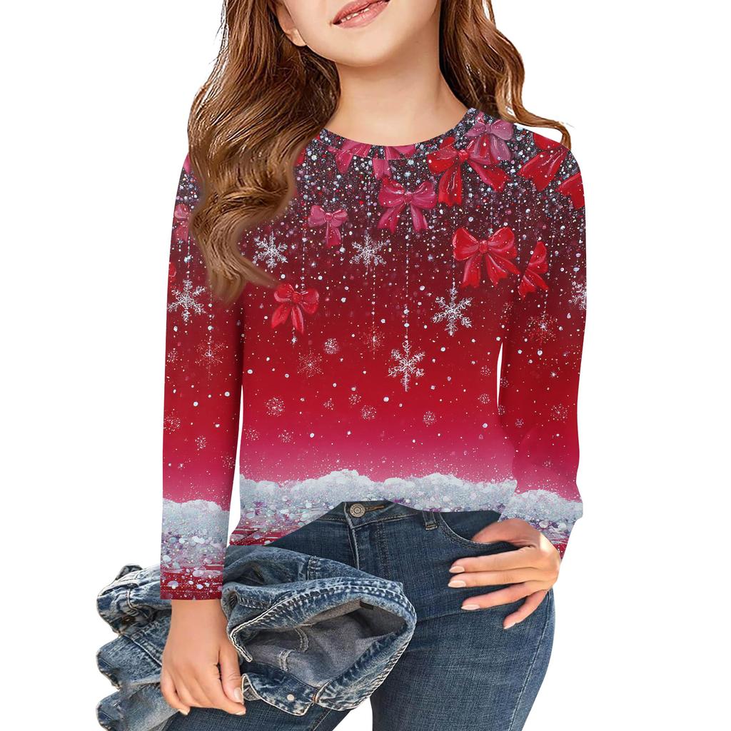 Рождественские футболки с длинным рукавом для девочек, детские осенние топы с круглым вырезом и принтом, базовые футболки