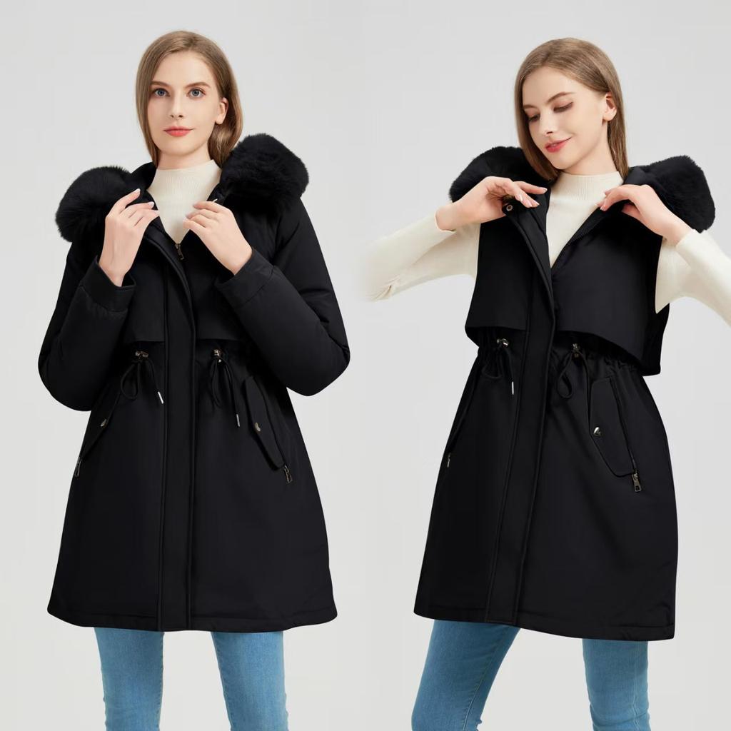Pie overcome the new women's medium and long cotton-padded clothes for the new year, winter sleeves removable large fur collar jacket
