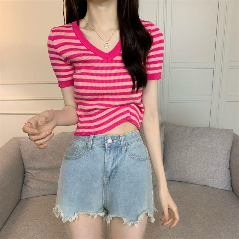 Трикотажная рубашка-основа в полоску с цветными блоками для женщин, летняя мода, облегающий крой и утягивающий топ с короткими рукавами, футболка с короткими рукавами