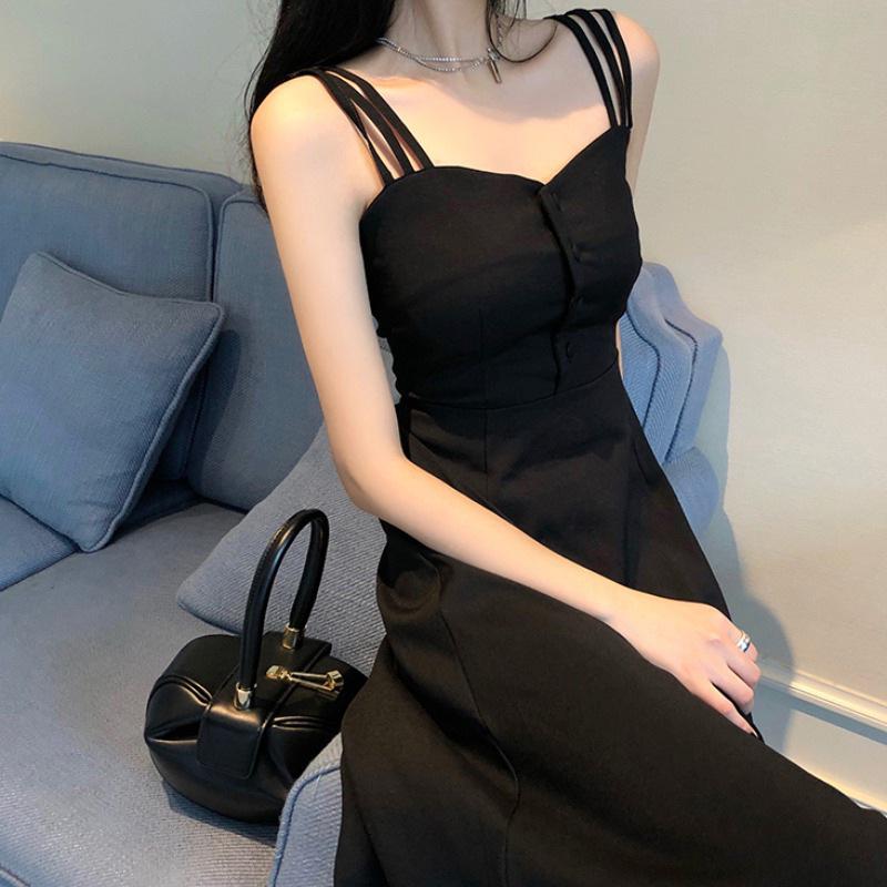 Women's 2025 Summer Little Black Slit Dress - French Retro Bellflower Style, Over-the-Knee and Fitted Waist
