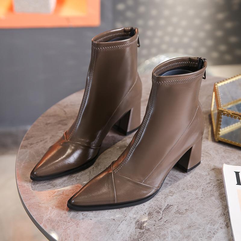 2024 Autumn/Winter New Women's Shoes Korean Fashion Pointed Back Zipper High Heels Short Boots Thick Heels Classic Women's Boots