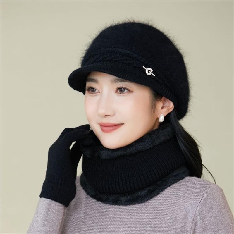 Women's Winter Velvet Thickened Cold and Warm Knitted Wool Hat Faux Rabbit Fur Hat Ear Protector Cap