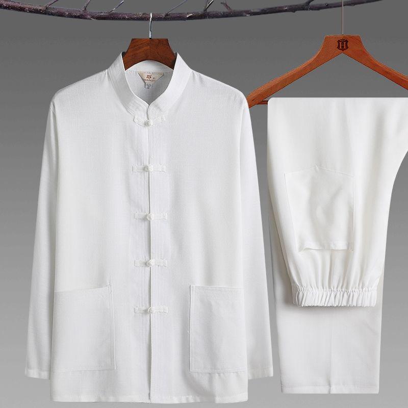 Костюм Тан для мужчин среднего и пожилого возраста — рубашка и брюки в китайском стиле ханьфу с длинными рукавами (Весна/Лето, Тайцзи)