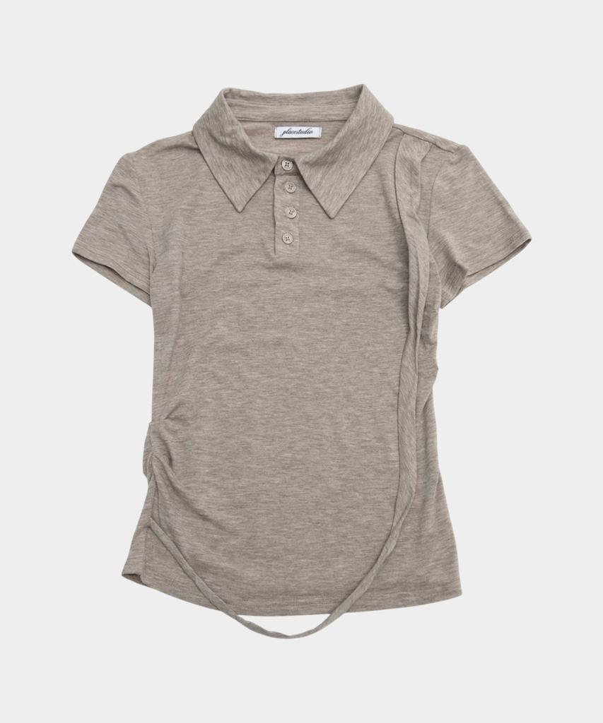 PLACE STUDIO Strap Side Shirring Slim Fit Standard Women'S Collar Soft Short Sleeve T-Shirt [Beige]