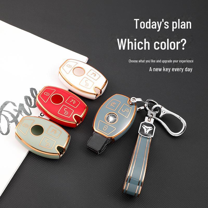 Чехол для ключа Mercedes-Benz из ТПУ с гальваническим покрытием и золотой оправой для автомобилей A-Class, B-Class, C-Class, E-Class, R-Class, CLA-Class, CLS-Class.