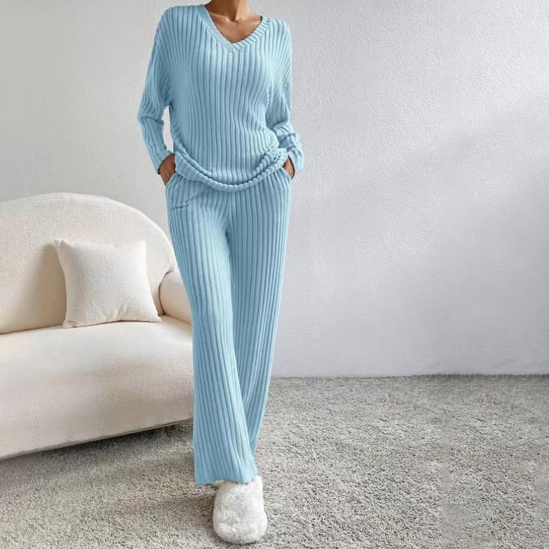 Autumn and Winter Two-piece Fashion Casual Straight Trousers Temperament Loose V-neck Pit-stripe Knitting Suit