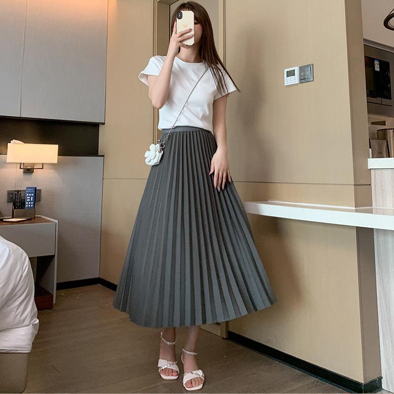 Pleated Large Swing A Word Umbrella Skirt Long Skirt Spring Summer Elastic High Waist High Temperature Pleated Retro Thin Middle Length Bustier Skirt