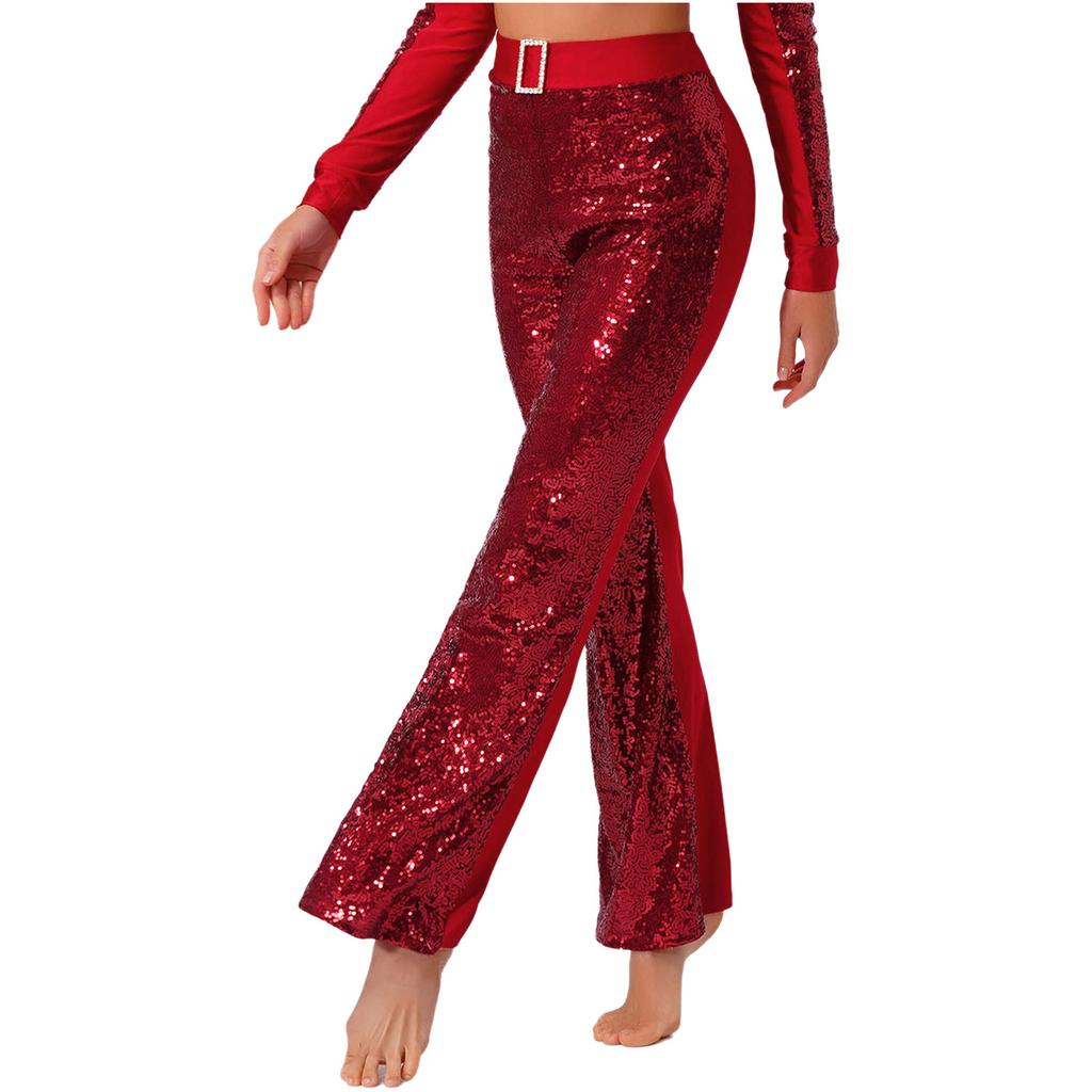 Womens Glittery Sequin Jazz Dance Pants Flared Design Elastic High Waist Rhinestone Decor Bell Bottom Trousers