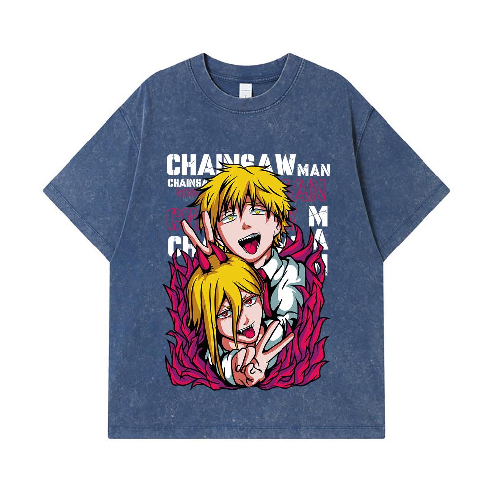 275 GSM Washed T-shirts 100% Cotton Chainsaw Man V39 Denji Power Print Unisex Heavy Cotton T Shirt