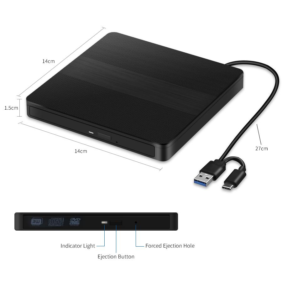 2-в-1 USB3.0 Type-C Тонкий Внешний DVD-Рекордер RW CD-Пишущий Привод Записывающее Устройство Читающее Устройство Оптические Приводы Портативный Для Ноутбука Настольного ПК