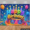 2D Flat Banner, Multicolored Birthday Cake Backdrop, Colorful Happy Birthday Text, Multicolor Balloons, Yellow Stars, Confetti, Polyester