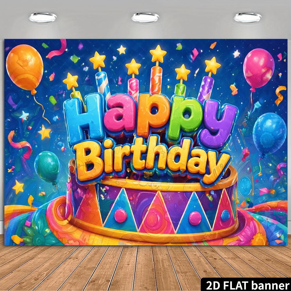 2D Flat Banner, Multicolored Birthday Cake Backdrop, Colorful Happy Birthday Text, Multicolor Balloons, Yellow Stars, Confetti, Polyester