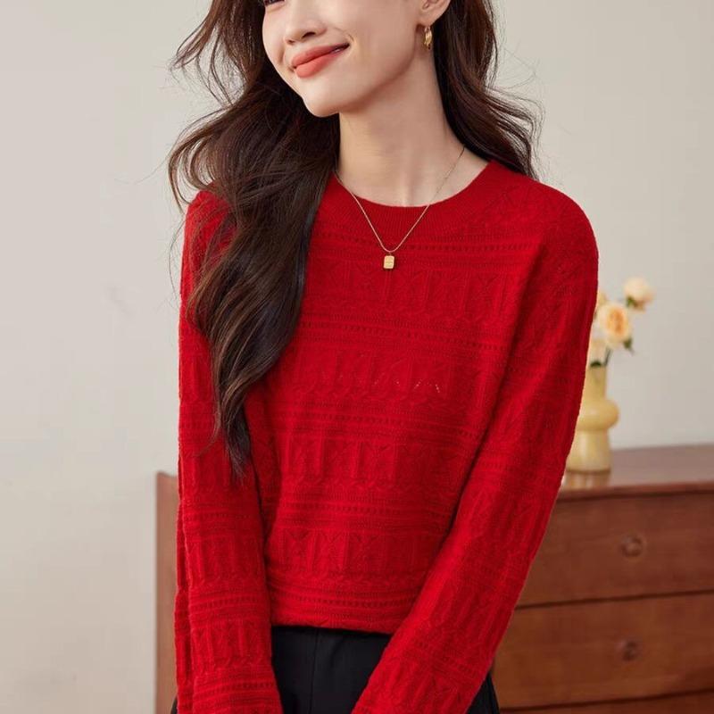 Spring and Summer New Trend Red Round Neck Long-sleeved Knitted Sweater Pullover Femininity Elegant Commuter Style