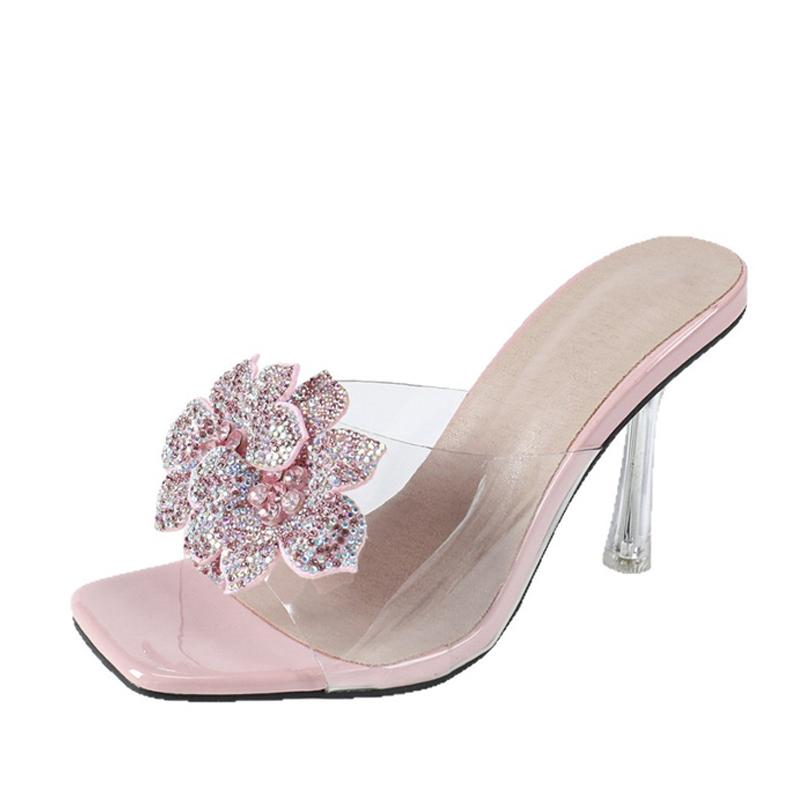 Мода Liyke Мода Золото Стразы Цветы Квадратный Носок 9СМ Прозрачные Каблуки Тапочки Летние Сандалии Прозрачная Обувь Для Женщин Мюли Слайды
