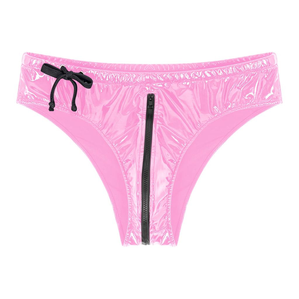 Mens Low Waist Zipper Briefs Wet Look Patent Leather Underwear Club Stage Show Costume