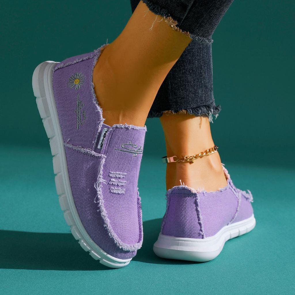 Women'S Casual Low-Top Sneakers with Washed Canvas & Daisy Design