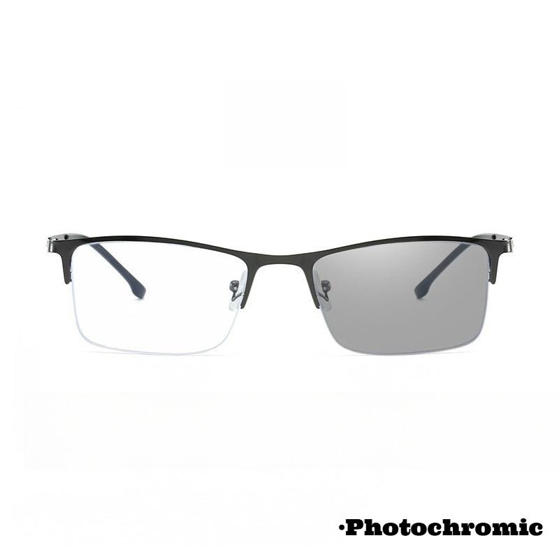 Unisex Classic Square Retro Half Frame Photochromic Myopia Glasses Versatile Hollowed-Out Glasses-Leg Lightweight Eyeglasses