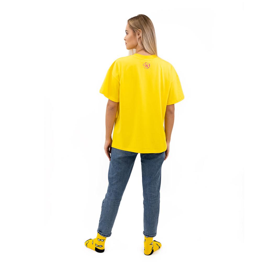 Żółta Koszulka Oversized Z Modnym Motywem Okularów, Stylowa I Wygodna, L