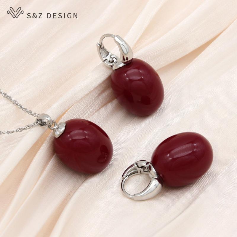 Stylish Egg Shape Oval Resin Colorful Beads Drop Earrings Jewelry Sets For Women Wedding Party Elegant Fashion Rose Gold Color Necklace
