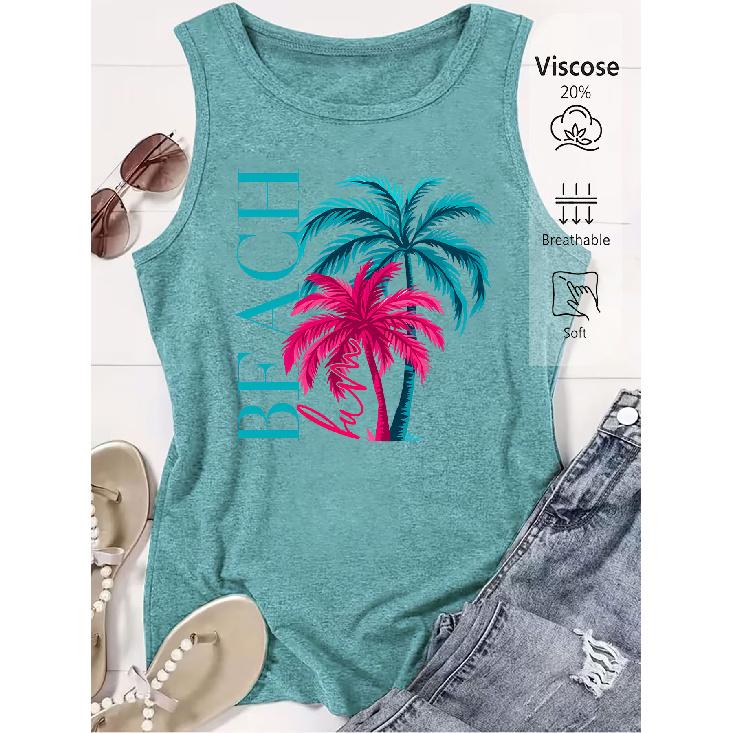 Colorful Palm Tree Print Loose Women Beach Sleeveless Tank Top