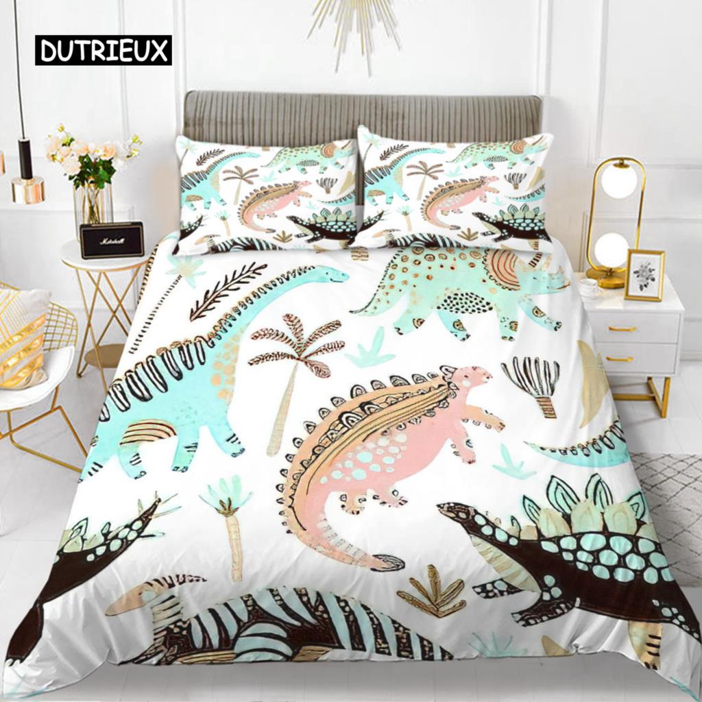Cartoon Dinosaur Duvet Cover Set King Microfiber Cute Cartoon Dino Comforter Cover Set Jungle Animals Bedding Set for Baby Girls