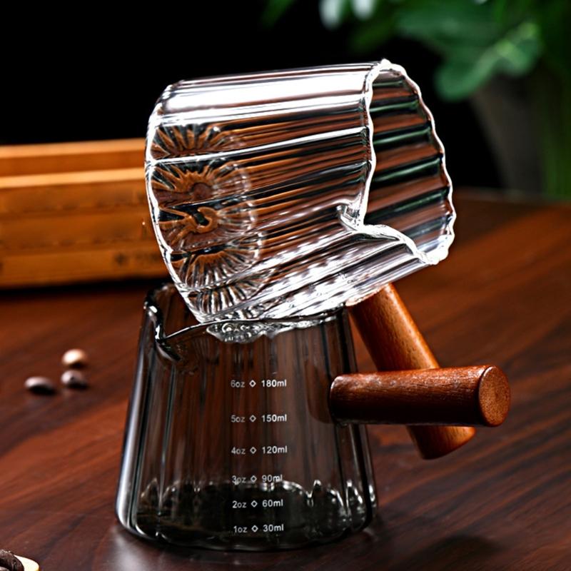 Glass Milk Frothing Cup 180Ml with Wooden Handle Double Measurement Lines and Pour Spout Espresso Shot Glass for Coffee Station Kitchen Tasks