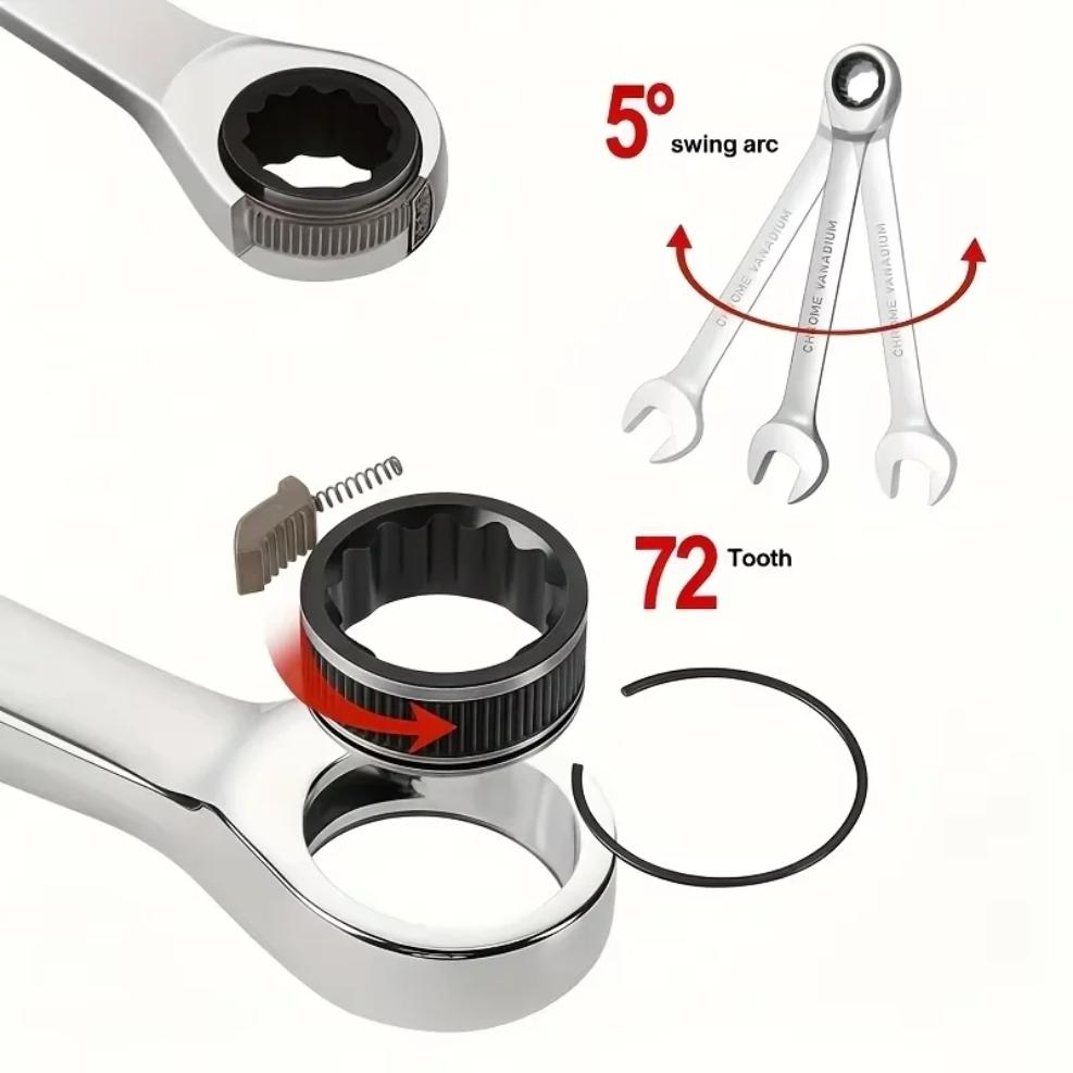 Fixed Head Dual Purpose Open End Plummer Ratchet, Multi-Functional Quick Swing Head Mirror Wrench Set, 72 Teeth Industrial Grade