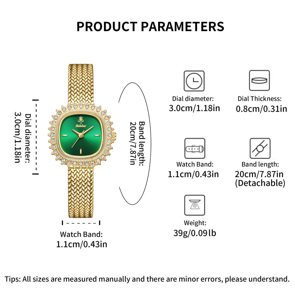 YaLaLuSi Brand Women's Luxury Gold Rhinestone Watch Green Dial Niche Design Quartz Watch Stylish Woven Metal Strap Gift Box Set