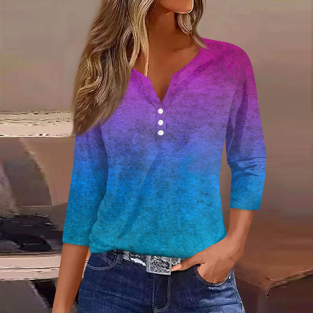 Жен. Футболка Футболка С принтом Пуговицы Рукав 3/4Ежедневно Выходные Мода Классический Топ с v-образным вырезом Обычный