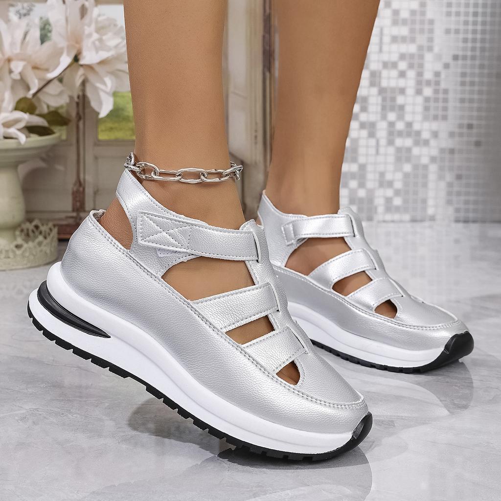 Large Size Hollow Sandals Wedge Heel Thick Sole Velcro Hollow Breathable Single Shoes Casual Women's Spot Cool Single Shoes