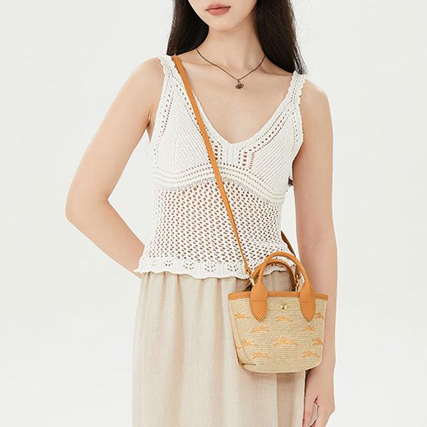 Longchamp Складная сумка-корзина с вышитым логотипом, съемный плечевой ремень, текстура соломы, холст, мини-сумка через плечо, сумка-тоут, женские сумки 10206HCF222