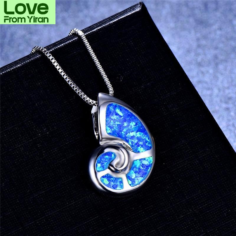 Female Cute Snails Pendant 925 Sterling Silver Blue White Fire Opal Necklaces For Women Shell Conch Necklace Girls Gifts