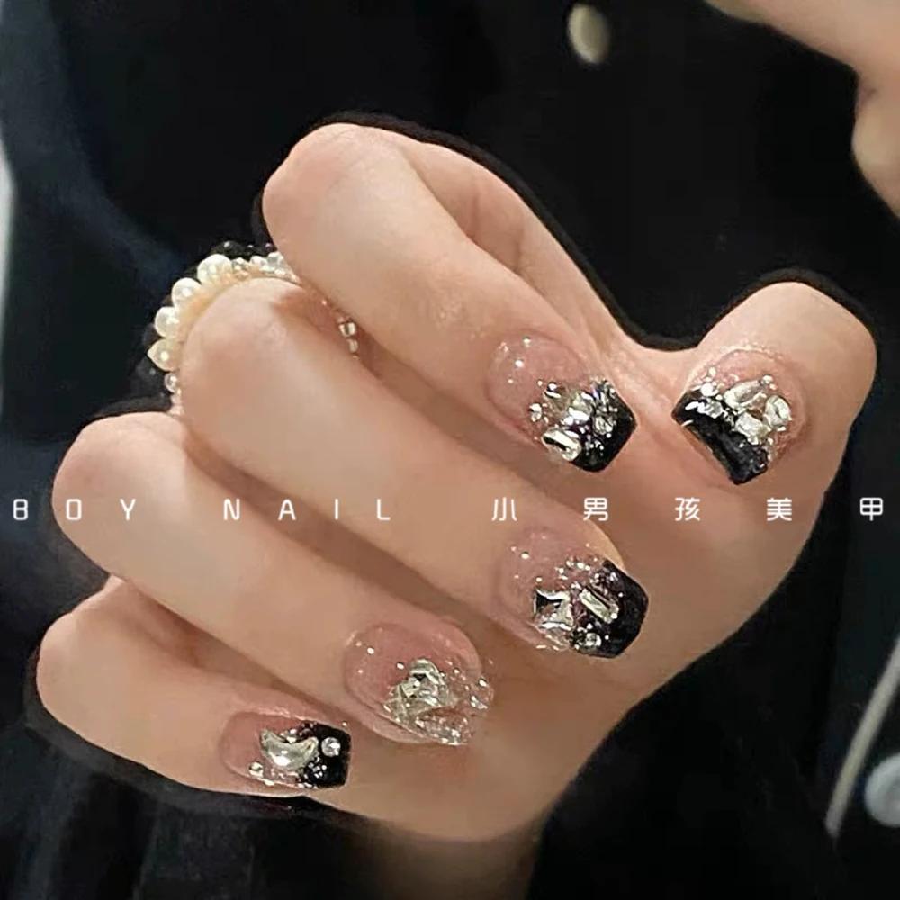 10Pcs Luxury 3D Rhinestone Handmade Transparent Press On Nails Shiny Long Coffin Reusable Full Cover Nail Art Gift