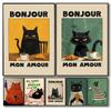 Bonjour Mon Amour Черный Кот Арт Печать на Холсте Mid-century Собака Пьет Кофе Настенное Искусство Постер для Современной Гостиной Домашний Декор Подарок