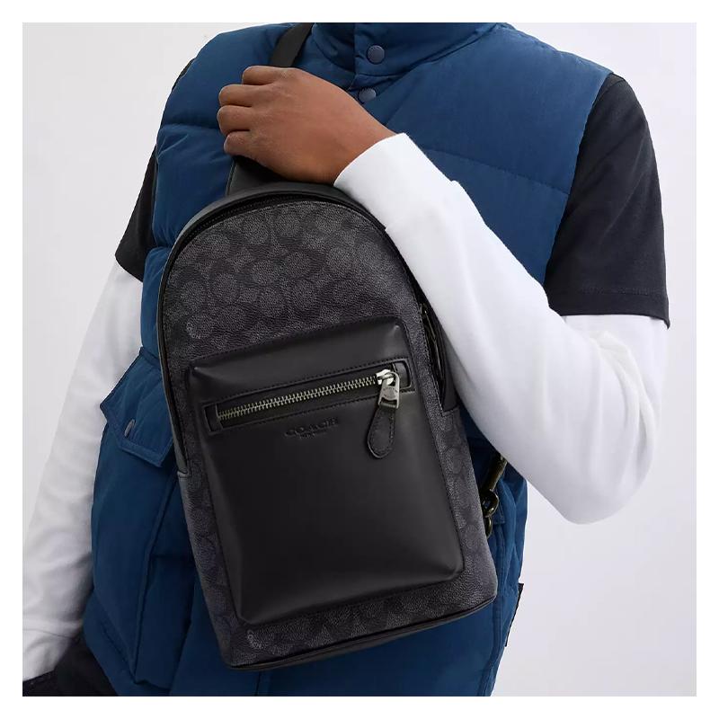 Coach West Pack 20 Металлический логотип Застежка-молния Покрытый холст Сумка через плечо на грудь Маленькая мужская Угольно-черная