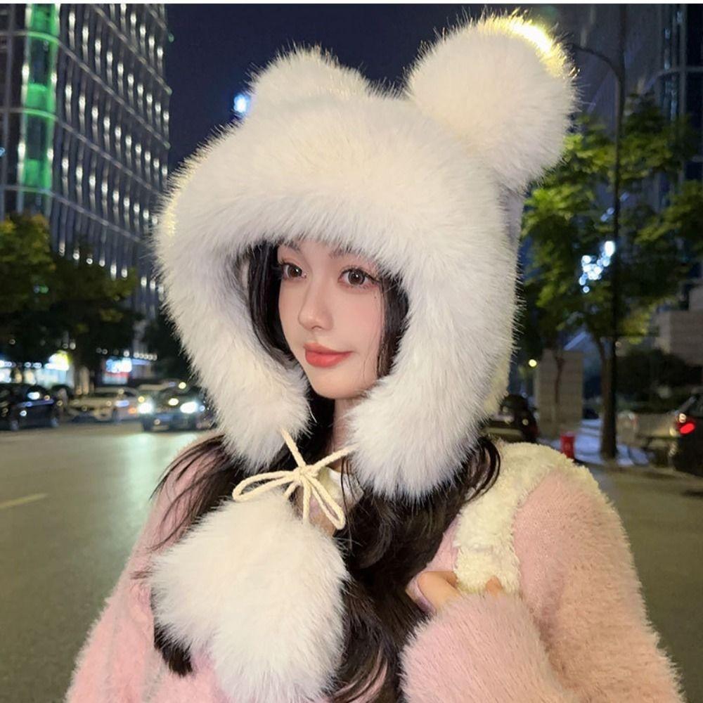 Warm Ear Protection Hat Cute Bucket Hat Thickened Plush Bear Hat  Women